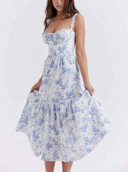 Strap A-Hem Floral Midi Dress