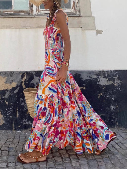 Unique Beach Vacation Printed Halter Hem Dresses