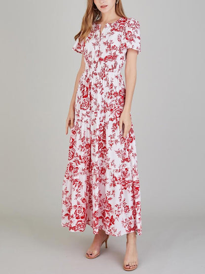 Unique Floral Print V-Neck Short-Sleeved Midi Dress