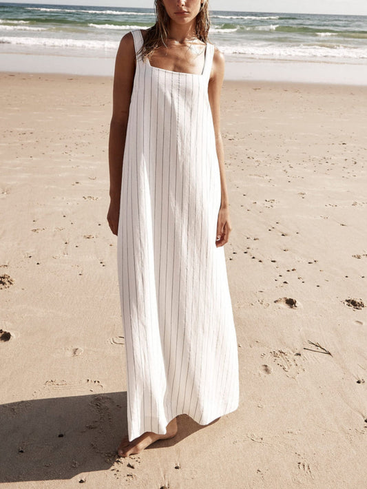 White With Charcoal Pinstripe Maxi Dress