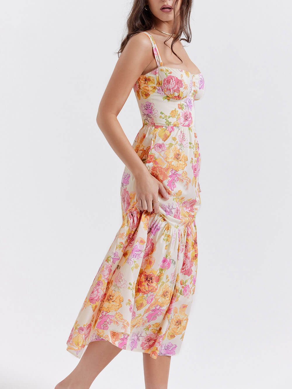 Strap A-Hem Floral Midi Dress