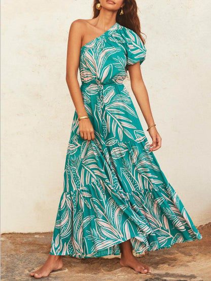 Palm Leaf Print Off-Shoulder Holiday Style Floral Dress