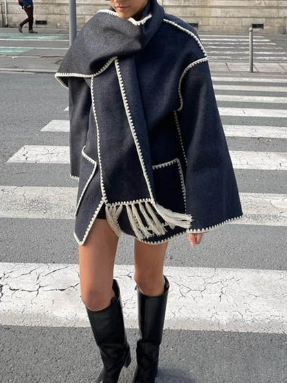 Draped Fringed Blend Jacket With Scarf