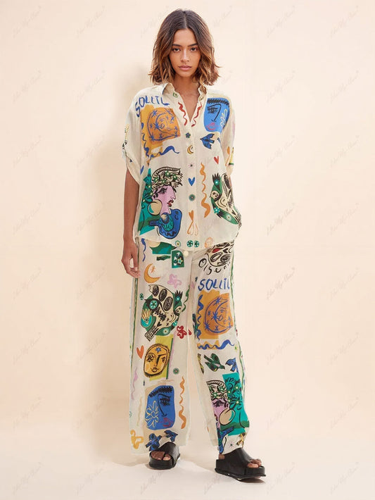 Casual Graffiti Printing Loose Satin Suit