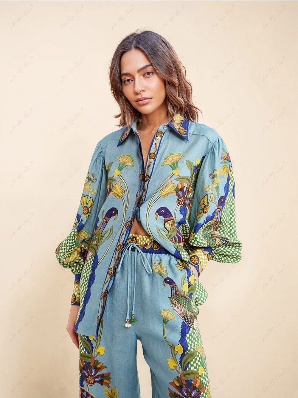 Unique Printed Puff Sleeve Holiday Casual Lanyard Suit