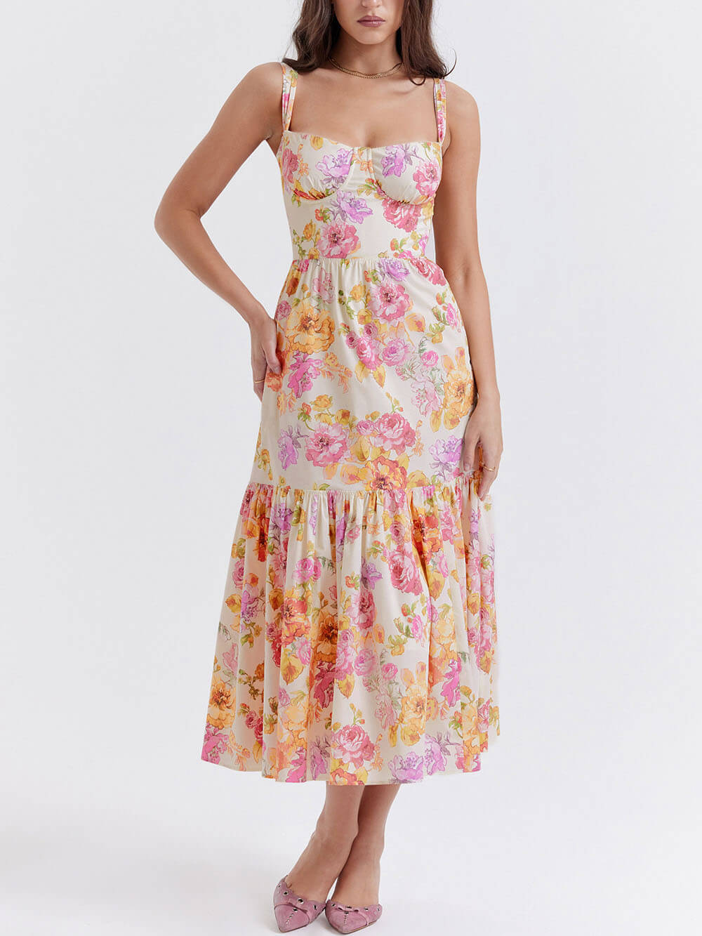 Strap A-Hem Floral Midi Dress