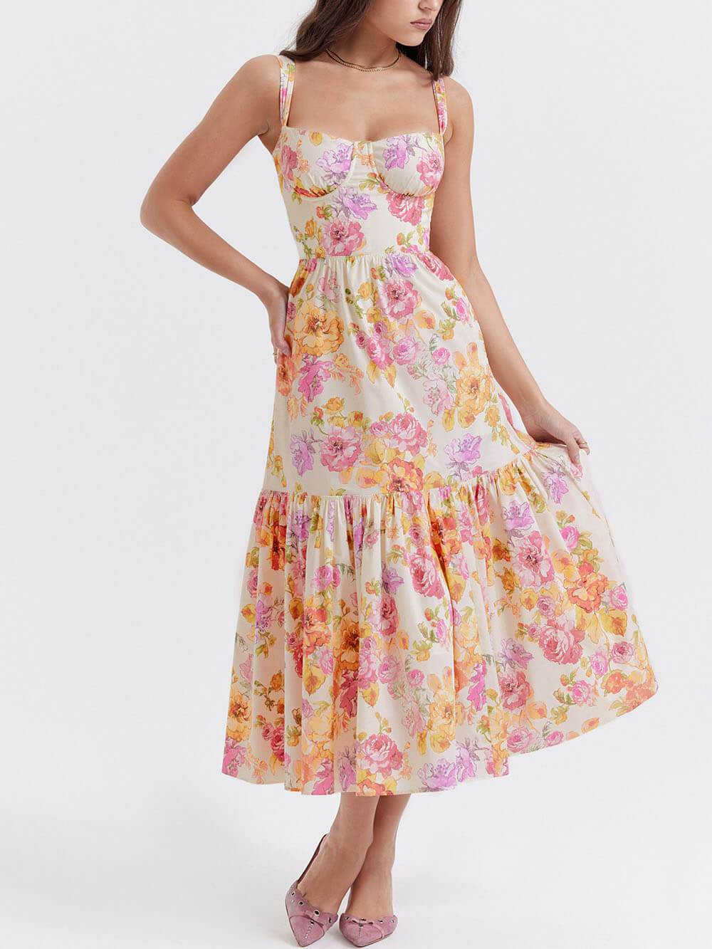 Strap A-Hem Floral Midi Dress