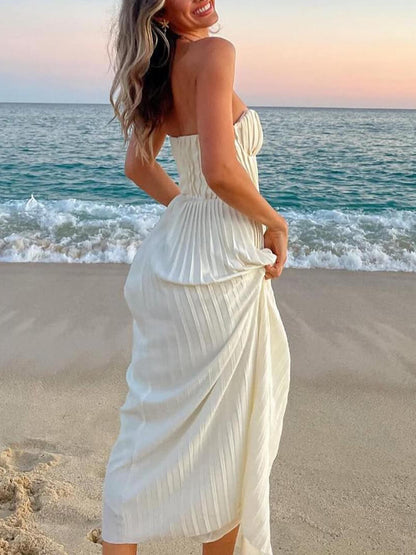 Elegant Pleated Strapless Maxi Dress