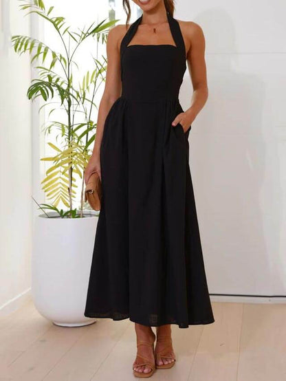 Halter Neck Waist Little Black Dress Mid Length Dress