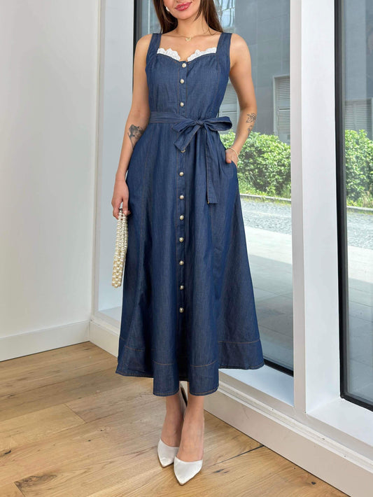 Denim Square Neck Casual Midi Dress