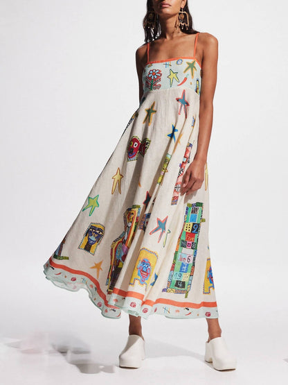 Unique Graffiti Print Suspenders Long Swing Midi Dress