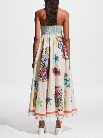 Unique Graffiti Print Suspenders Long Swing Midi Dress