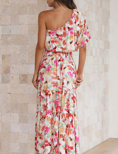 Floral Print One Shoulder Crop Top Tiered Skirt Suits