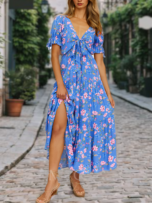 V-Neck Cutout Short Sleeve Floral Casual Beach Dress