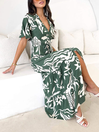 Short Sleeve Resort Print Midi Dress