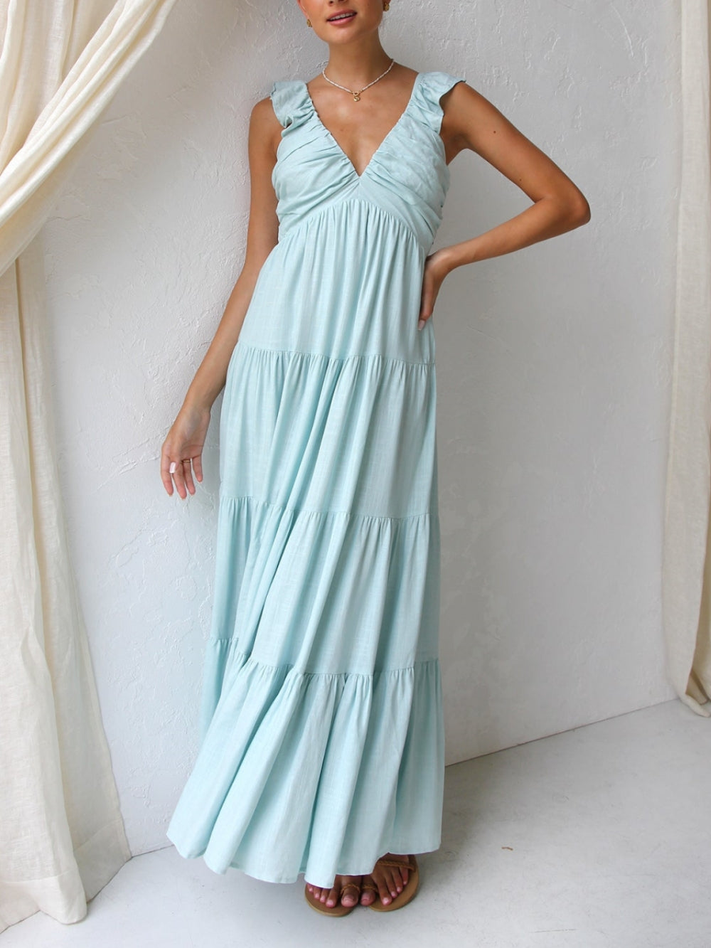 Ruffled Flying Sleeves Smocked Back Tiered Vacation Maxi Dress