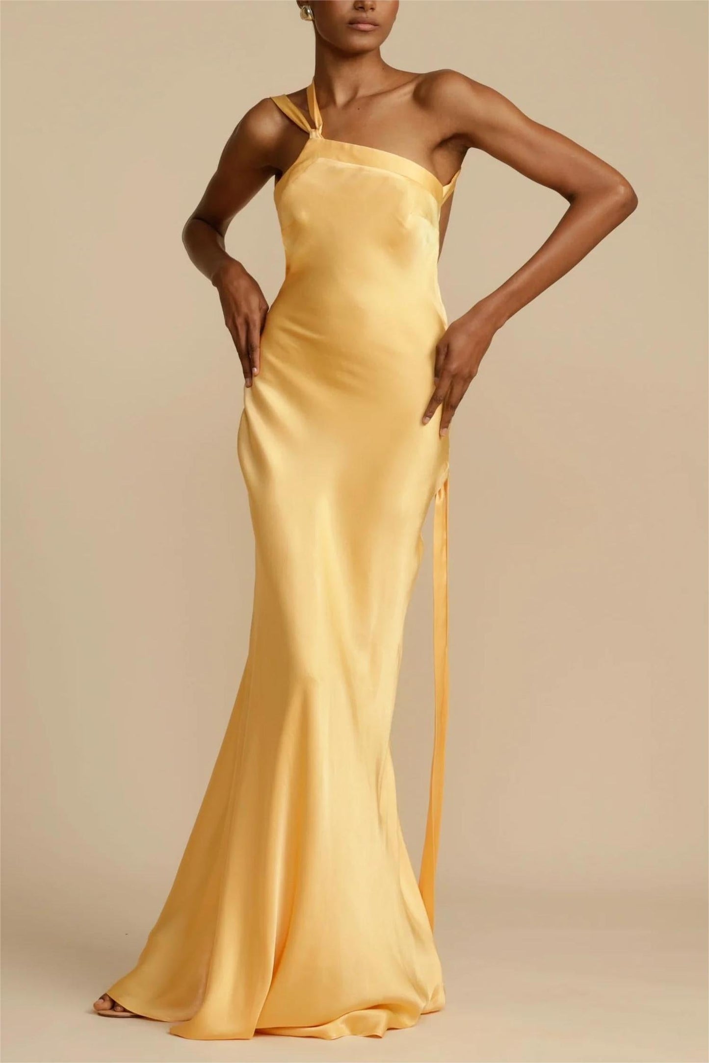 Moonlit Soiree Satin Asymmetrical One Shouder Backless Strap Maxi Dress