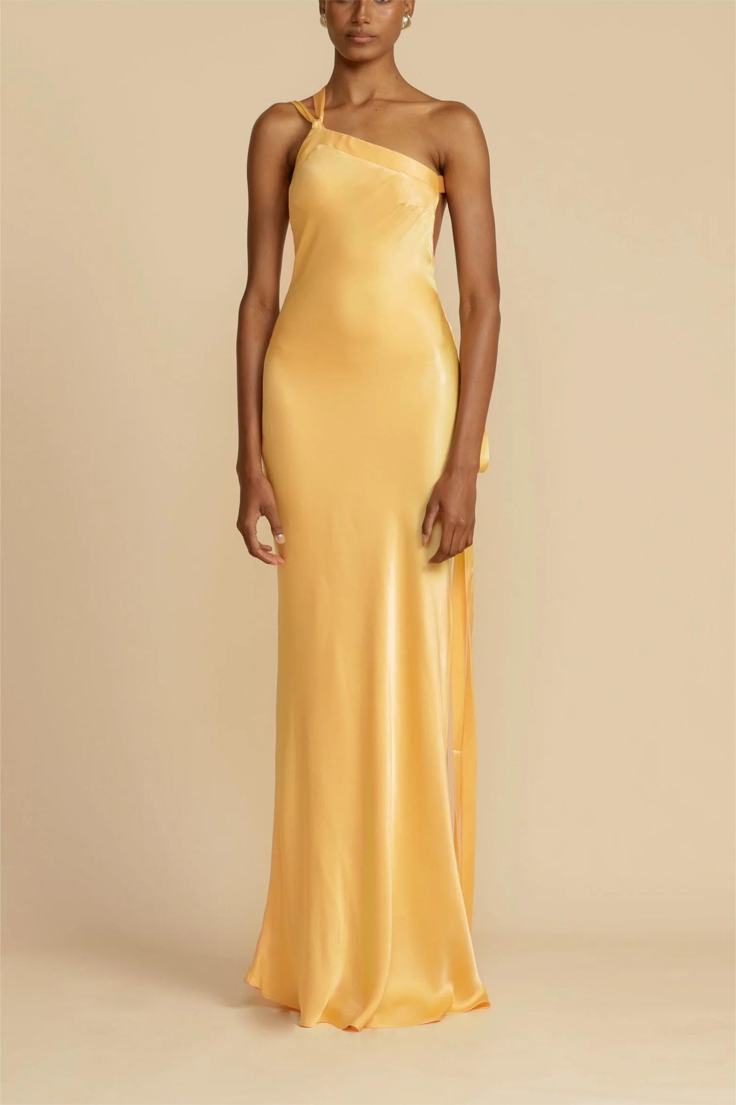 Moonlit Soiree Satin Asymmetrical One Shouder Backless Strap Maxi Dress