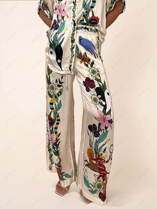 Satin Unique Print Pocketed Wide Leg Pants