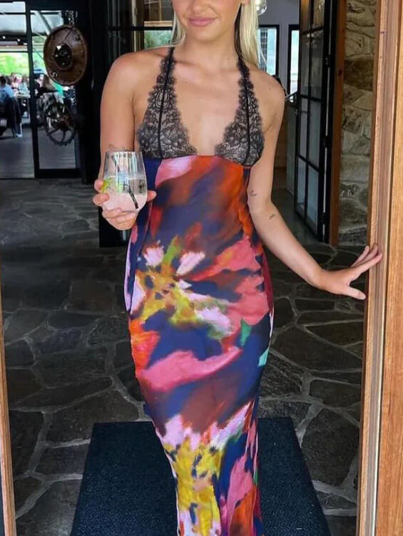 Sexy Deep V Lace Patchwork Printed Auspender Maxi Dress