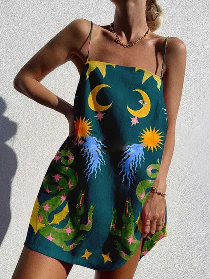 Unique Printed Spaghetti Strap Backless Mini Dress