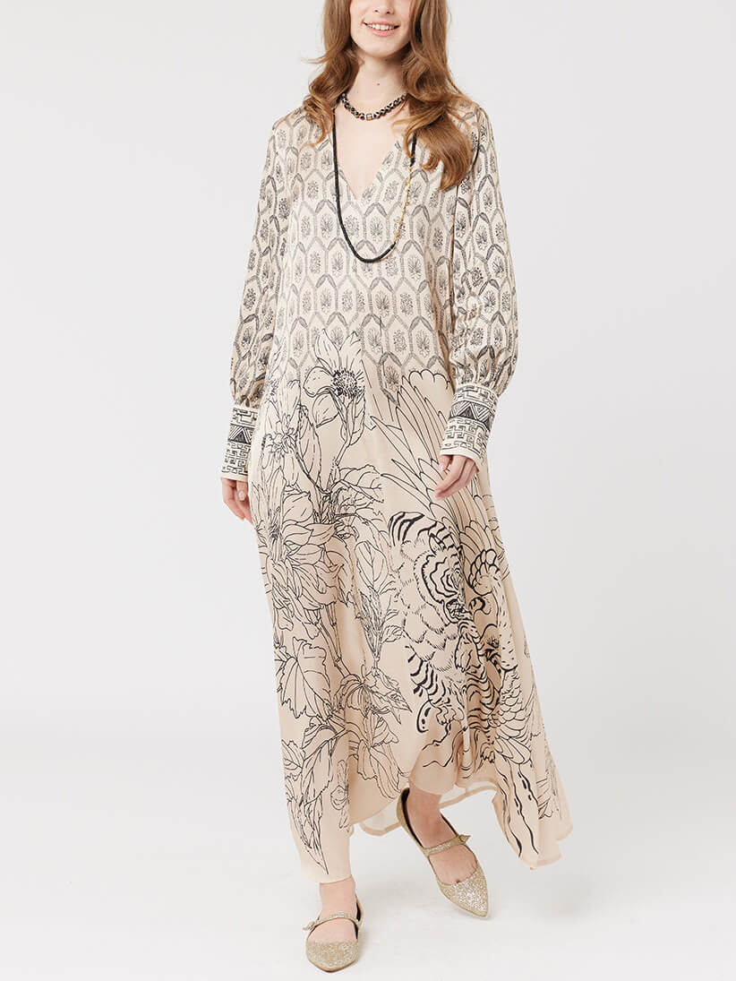 Delicate Floral Print Long-Sleeved Midi Dress