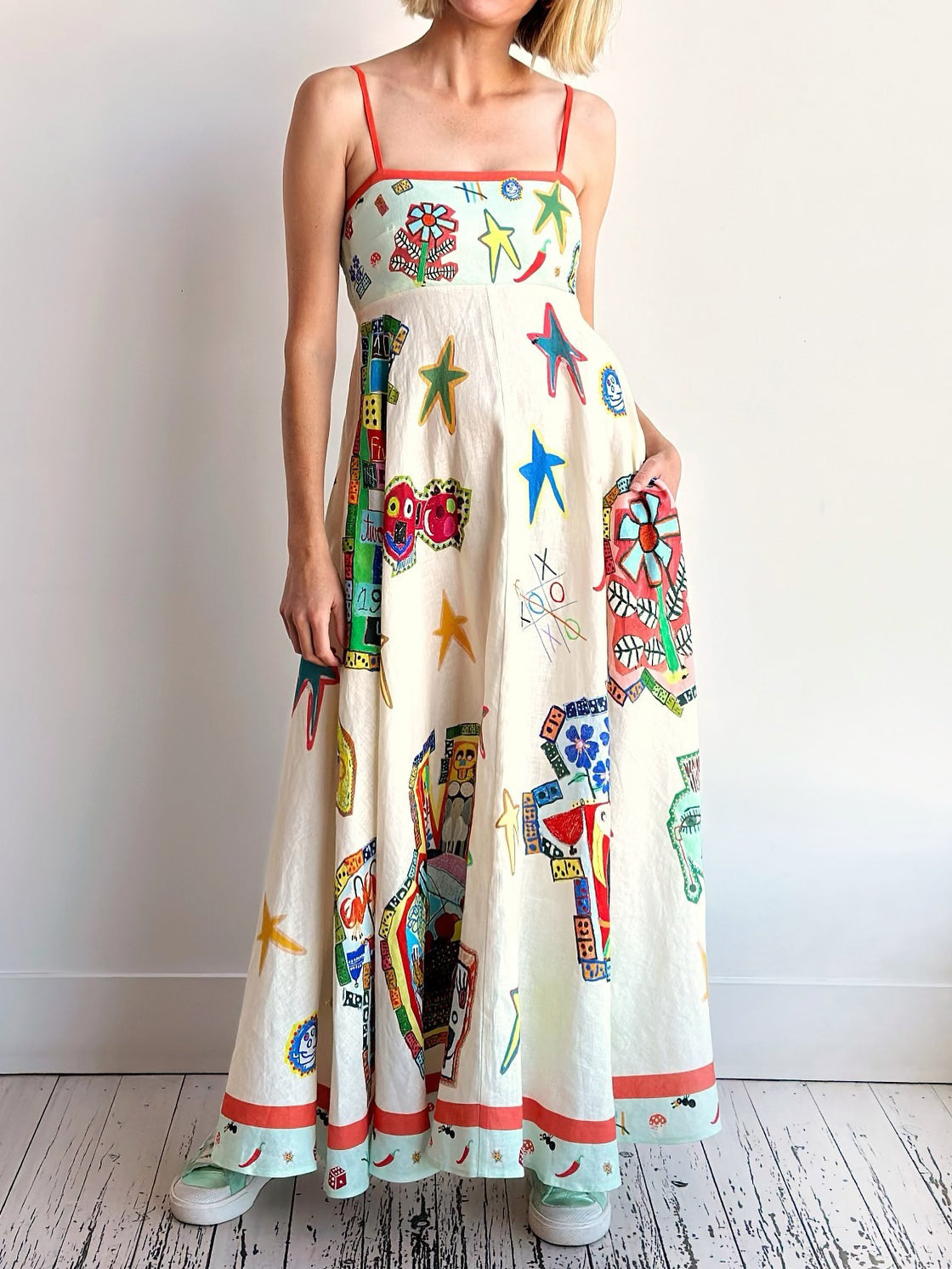 Unique Graffiti Print Suspenders Long Swing Midi Dress