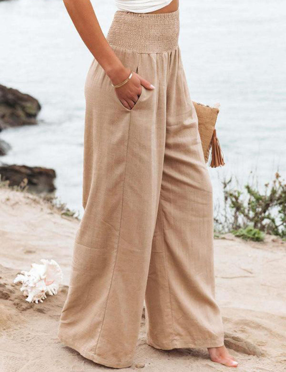 Smocked Waist Side-seam Wide Leg Linen Pants