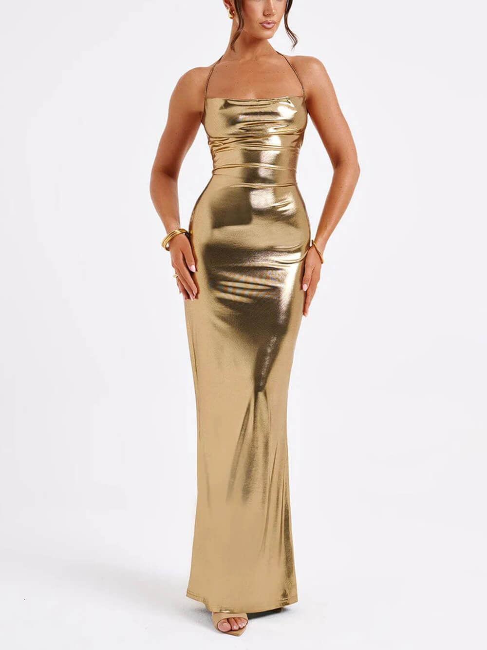 Spring Swing Collar Glossy Metallic Backless Maxi Dress