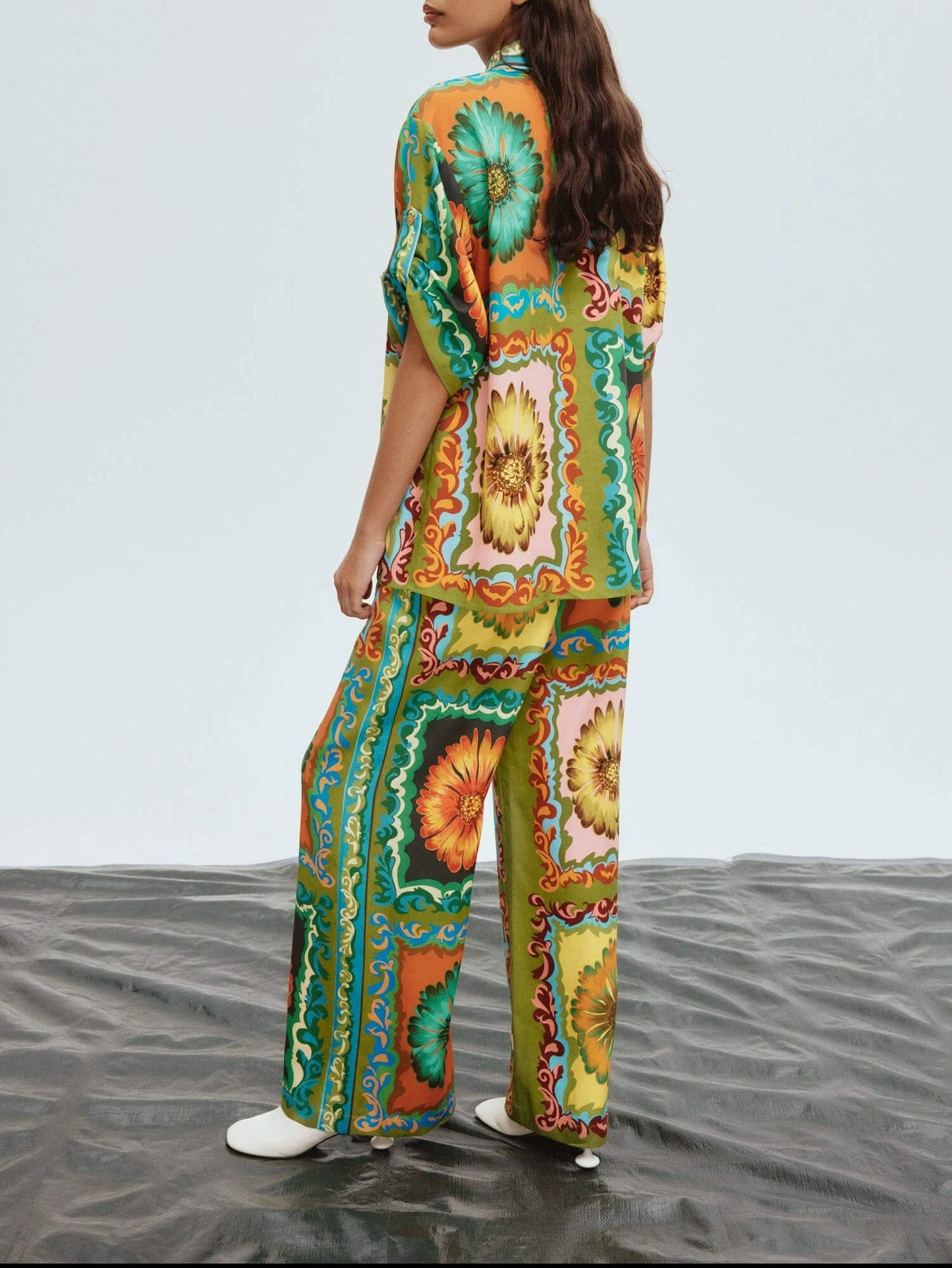 Unique Sunflower Print Wide Leg Pants